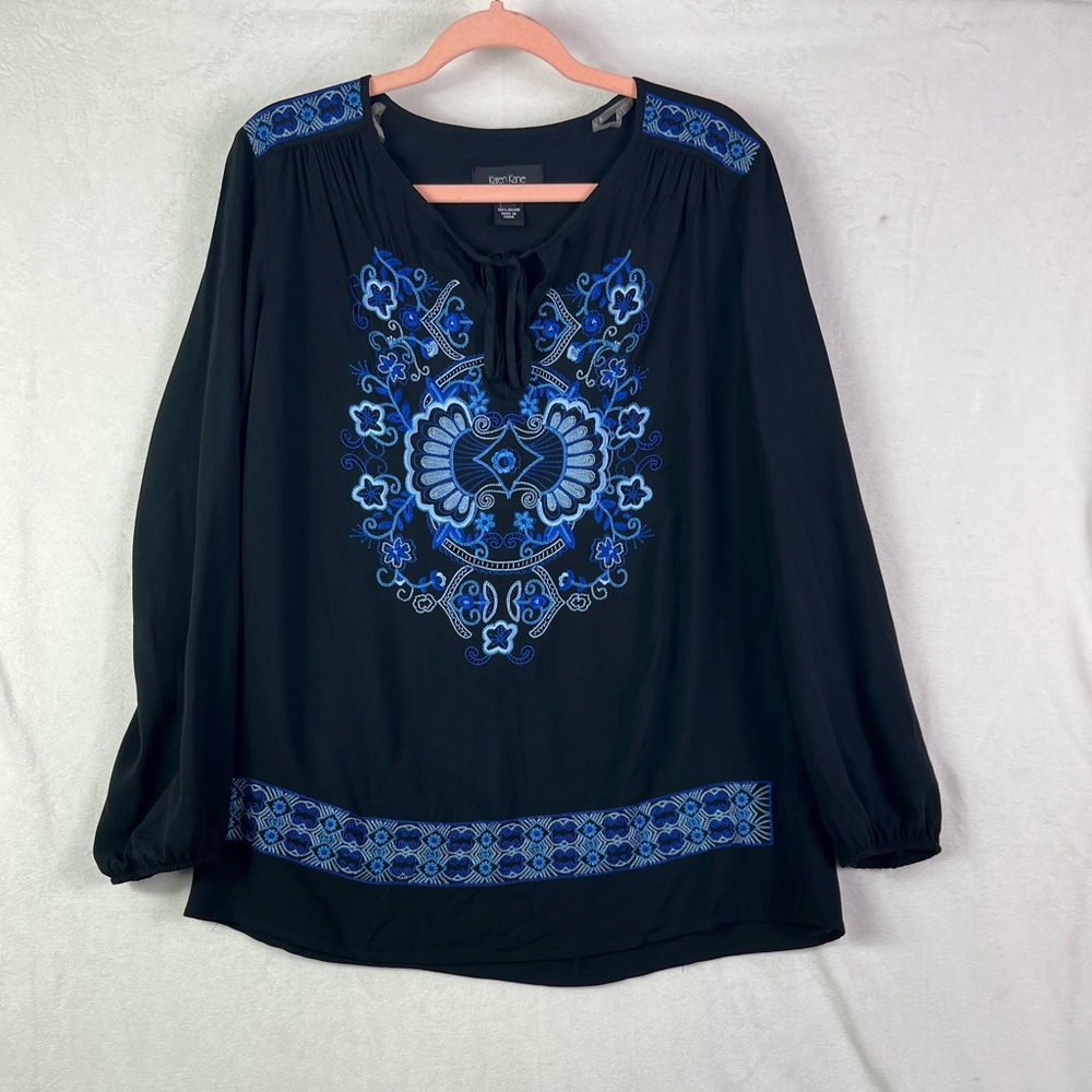 Embroidered long Sleeve peasant tie blouse - Picture 1 of 13